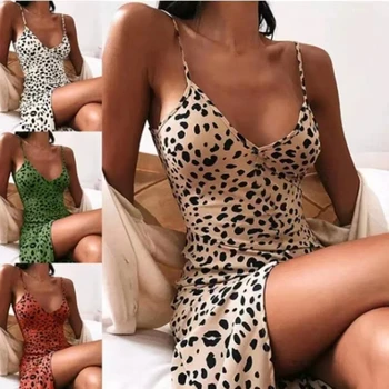 Vestido de verão 2023 Novas Mulheres Leopard Imprimir V-neck Vestido Sexy Cintas de Praia Casual Vestidos