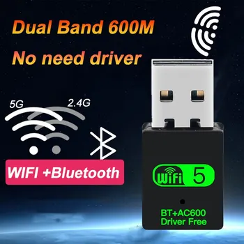 WiFi USB Adaptador Bluetooth 600Mbps de Dupla Banda de 2,4 Ghz a 5 ghz, Mini Rede sem Fio Receptor Externo para PC Portátil da área de Trabalho